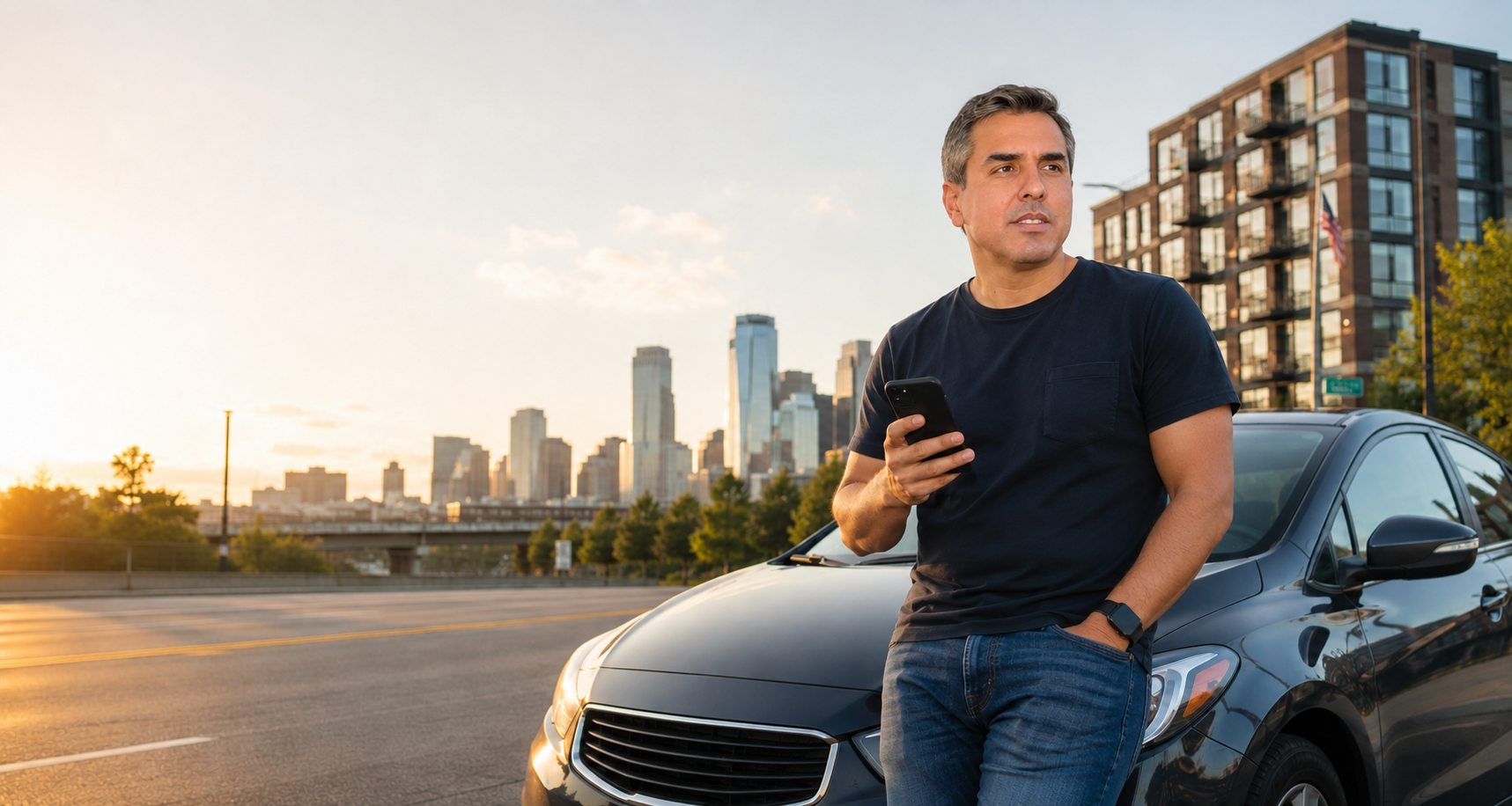 Profissional nos Estados Unidos ao lado de um carro